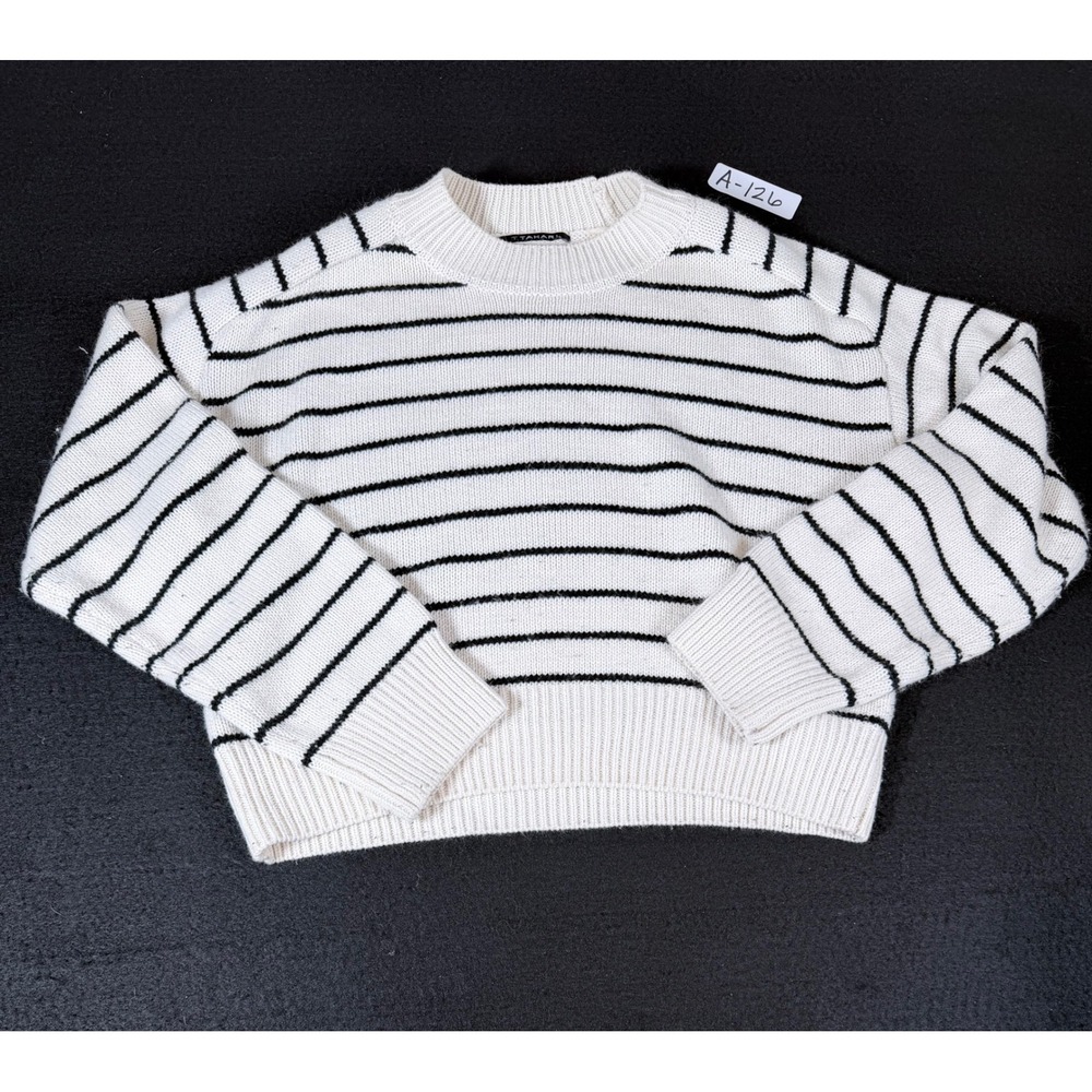 T Tahari Womens Striped Rib Knit Crewneck Sweater Ivory Black Long Sleeve